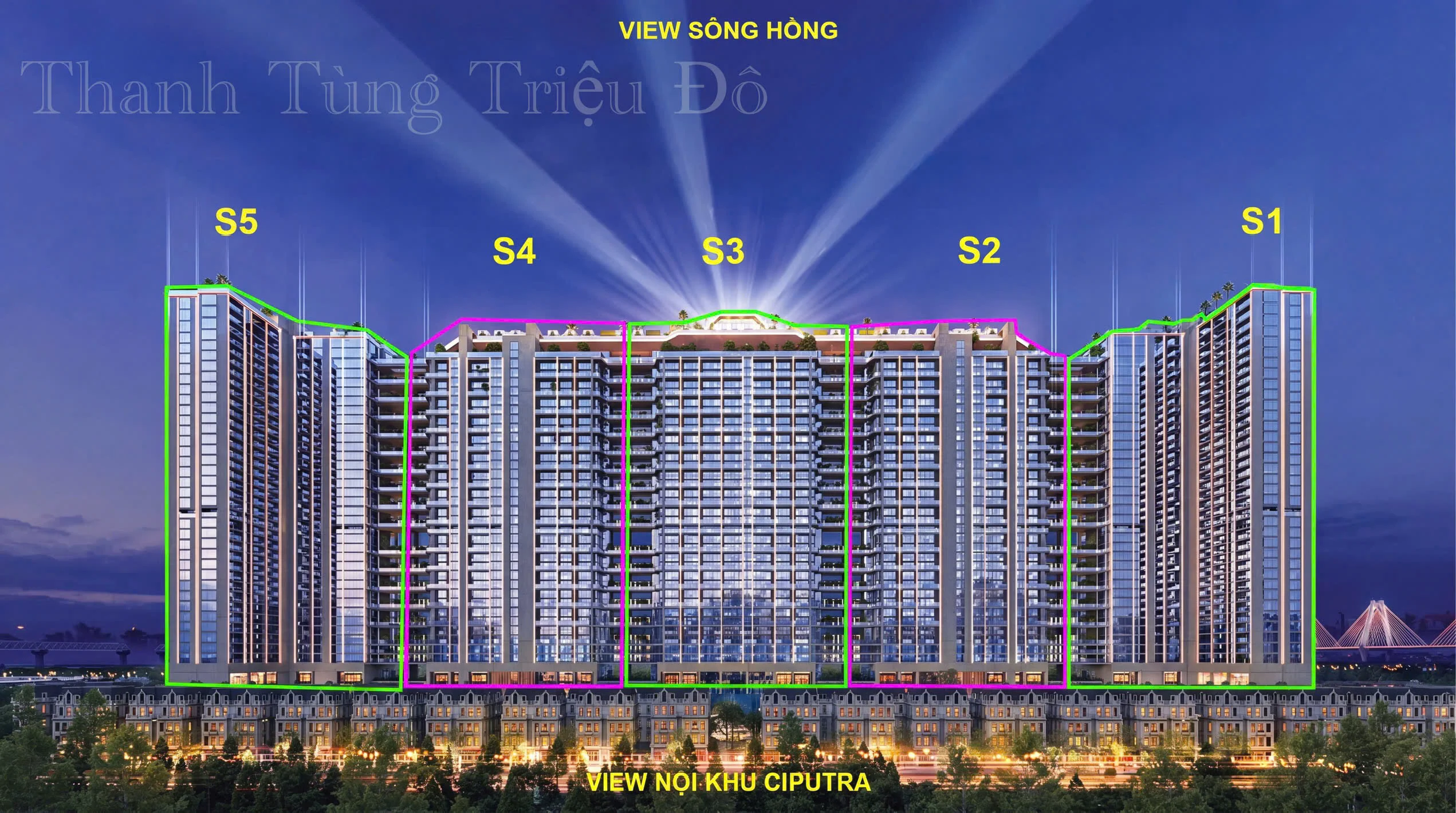 Phối cảnh lung linh về đêm của 5 tòa tháp dinh thự chân mây Noble Crystal Tây Hồ Ciputra Hà Nội.